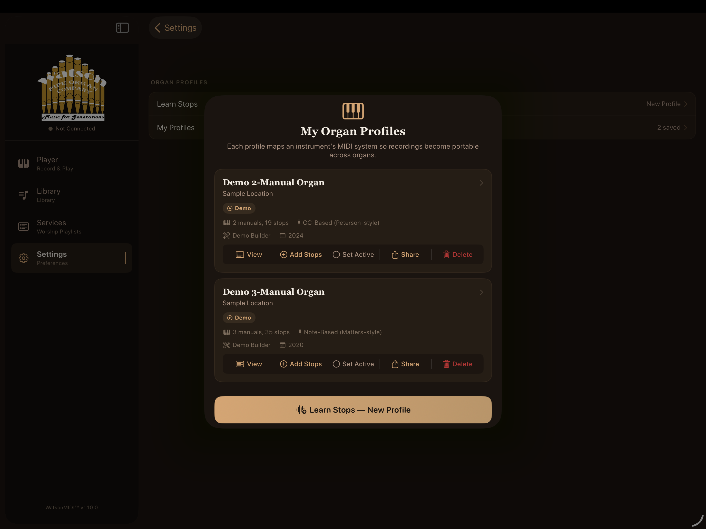 My Organ Profiles — profile management screen