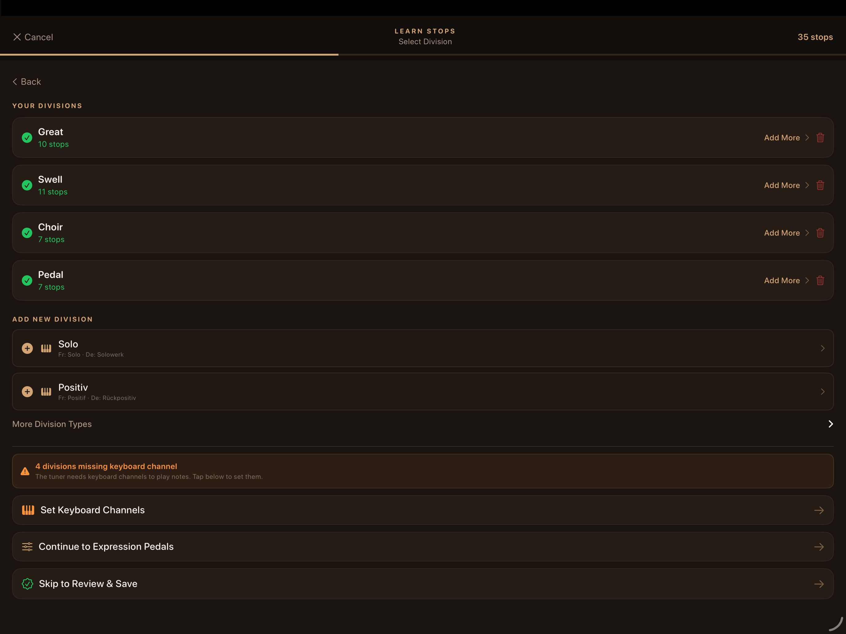 Learn Stops — Select Division workflow