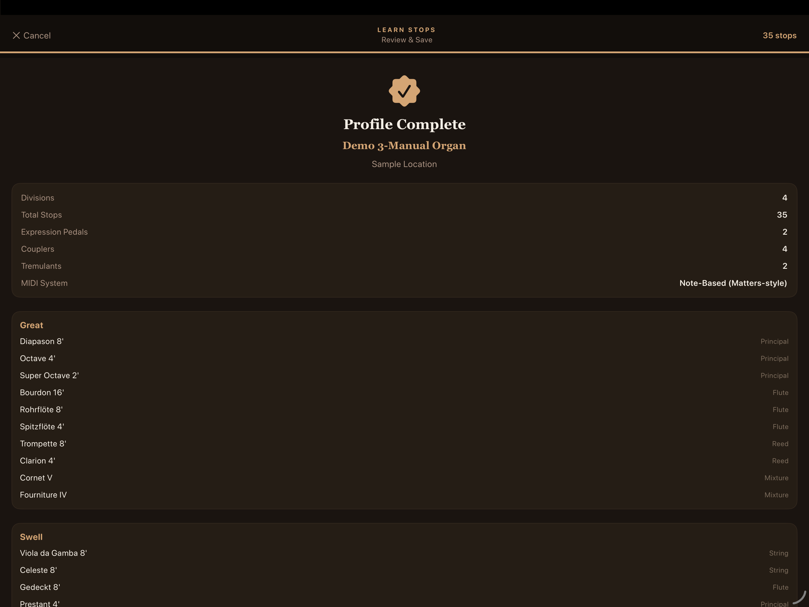 Profile Complete — 35 stops, 4 divisions