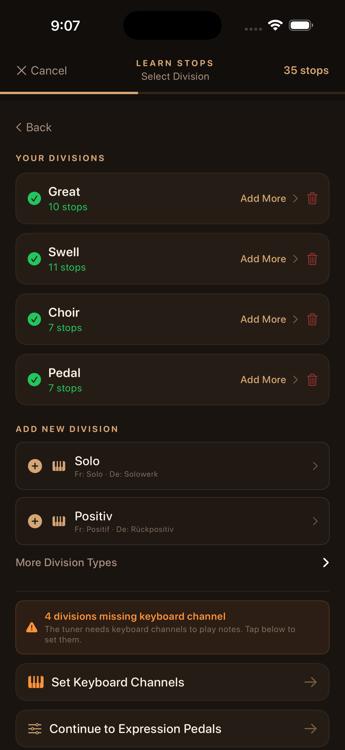 Learn Stops — Select Division on iPhone
