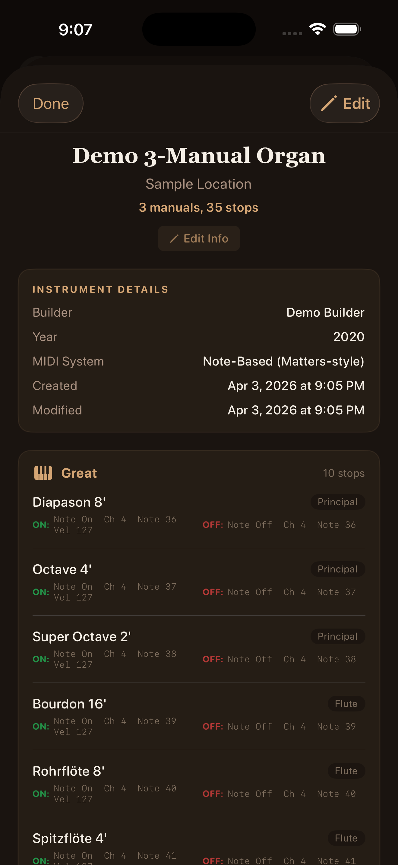Profile Detail — MIDI events per stop