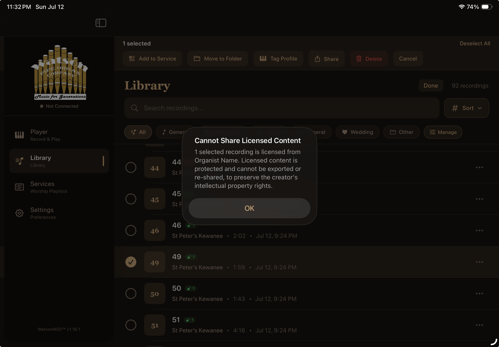 Alert blocking the sharing of licensed content, naming the creator