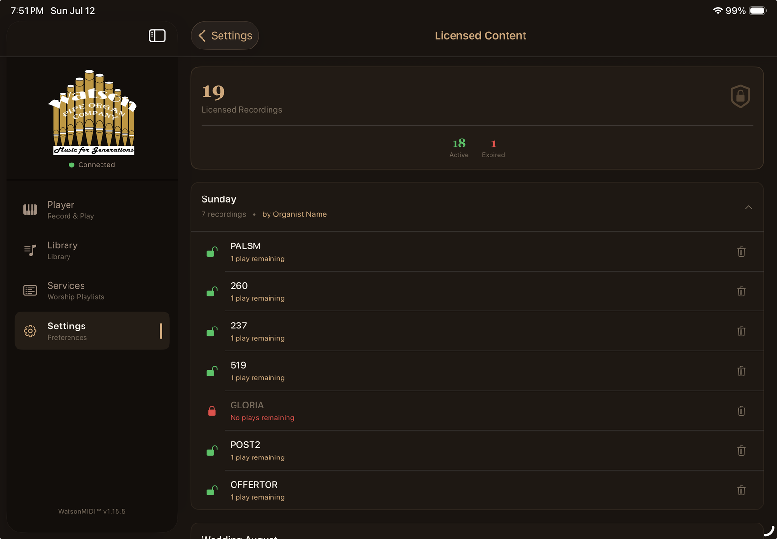 Licensed Content settings page listing protected recordings and remaining terms