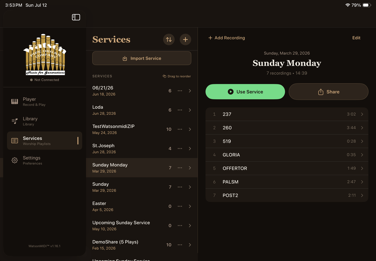 WatsonMIDI Services tab with a service selected and the Share button visible