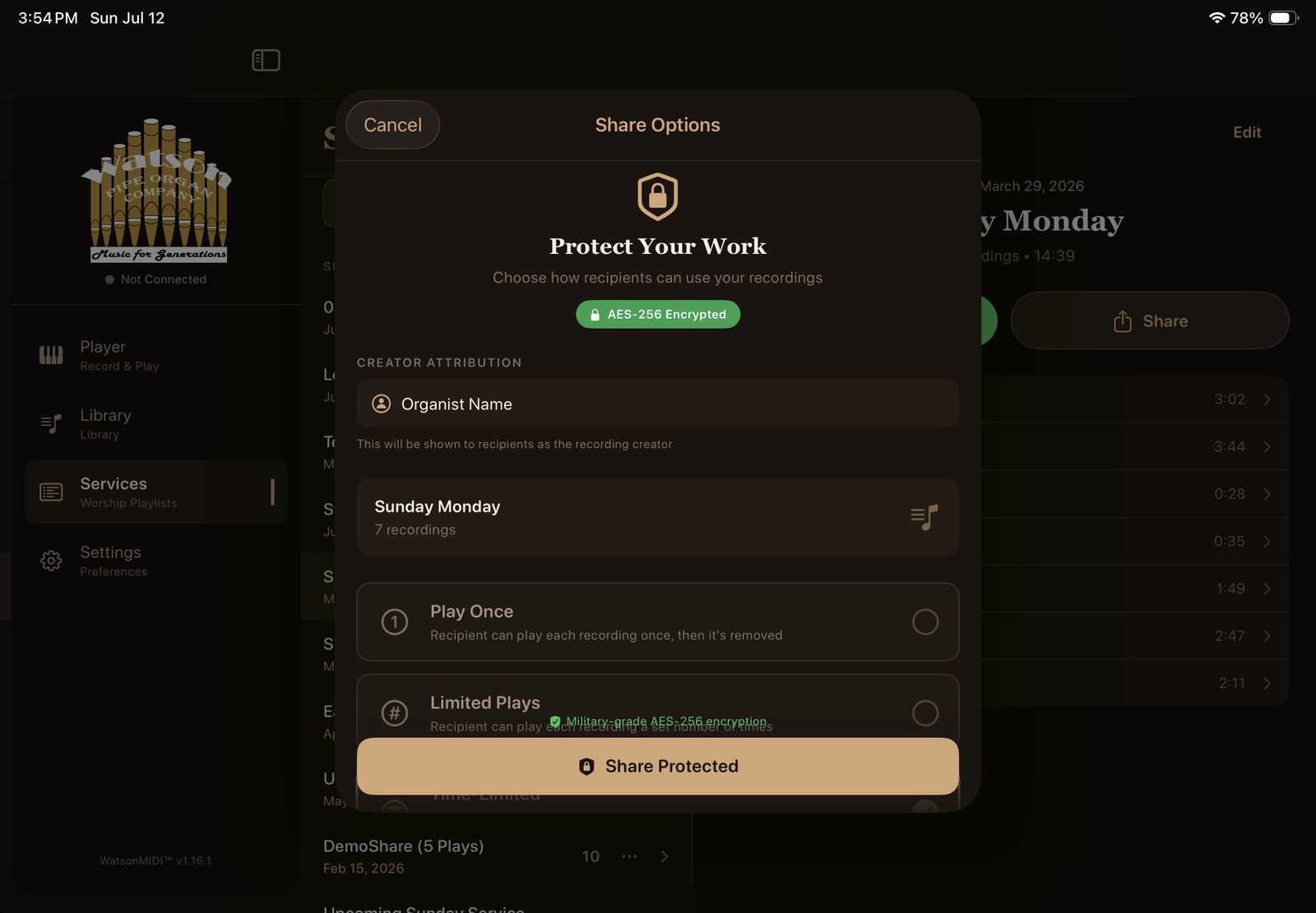 Protect Your Work screen with AES-256 badge and Creator Attribution field