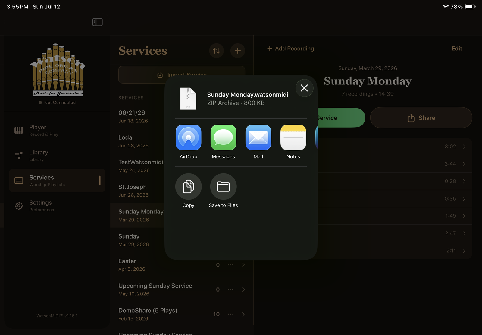 iOS share sheet with the protected .watsonmidi file ready to send